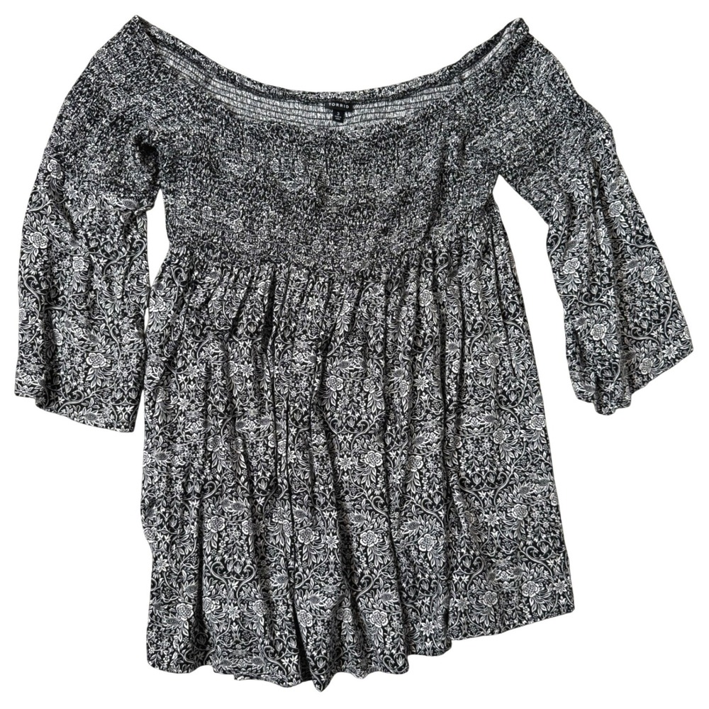 Torrid Plus Size Smocked Off The‎ Shoulder Mini Dress 3X Black BOHO Bell Sleeves